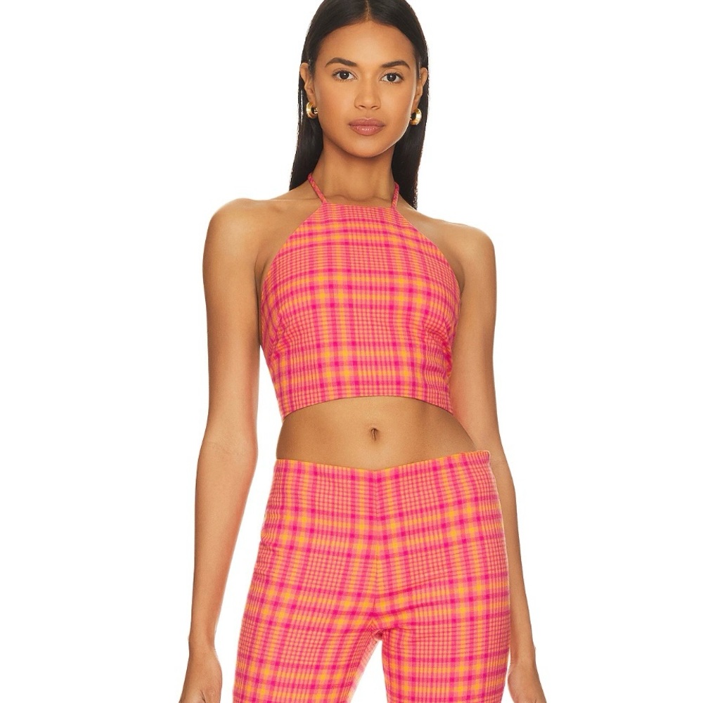 Lovers + Friends Pink and Orange Plaid Halter Top